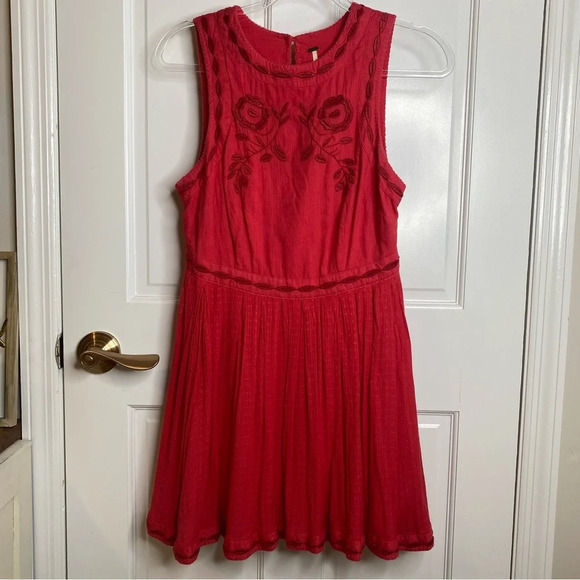 Free People Birds Of A Feather Coral Red Embroidered Sleveless Mini Dres… - Picture 6 of 16